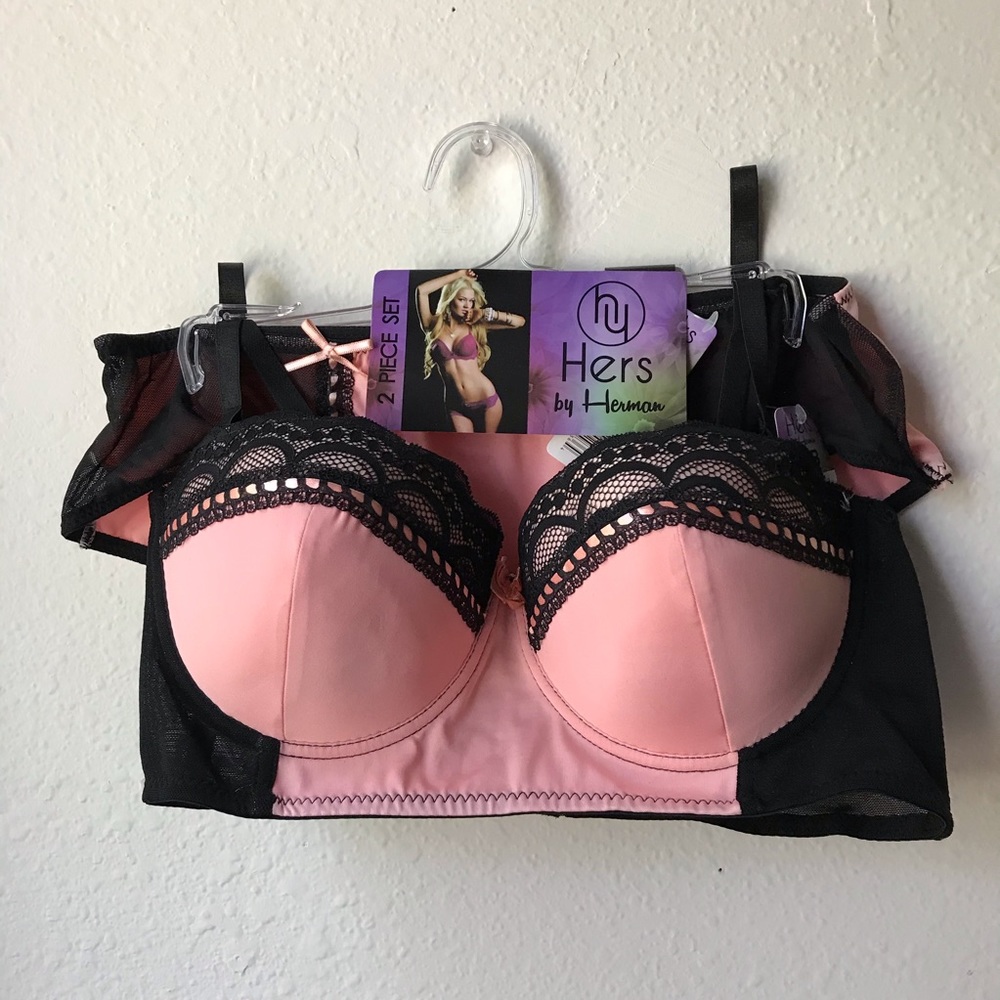 PINK Lacy Bra Panty Set 36B 34B Women Hipster Push